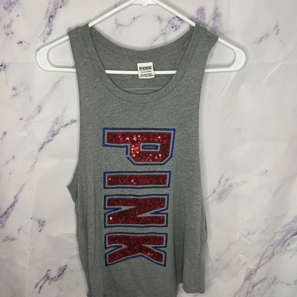 PINK by VS Sequined USA grey muscle tank top Sz S